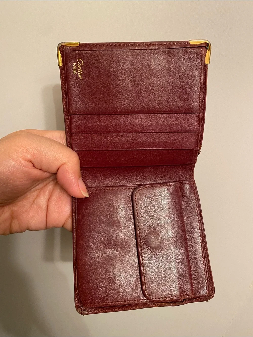 Cartier Euc Leather Bifold Wallet - Burgundy with Gold Corners